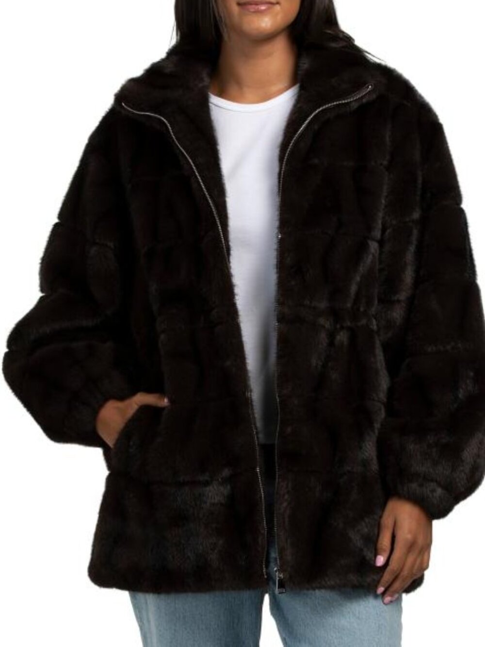 ELIE TAHARI Long Sleeve Faux Fur Jacket With Cinched Waist